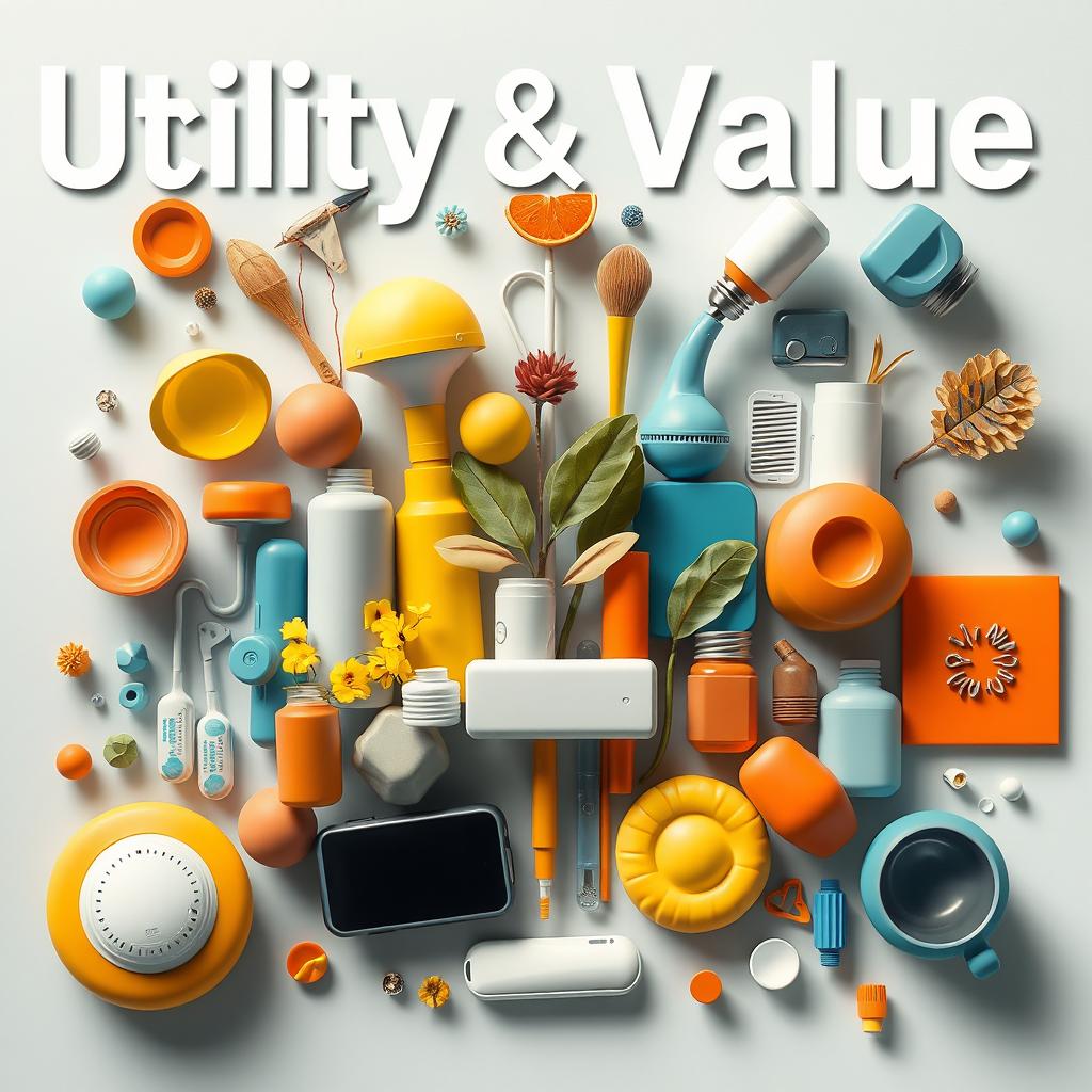 A conceptual art piece representing utility and value, depicting various essential items that symbolize life and practicality