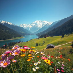 A breathtaking landscape showcasing the natural beauty of Kashmir, featuring lush green valleys, majestic snow-capped Himalayan mountains, and clear blue skies