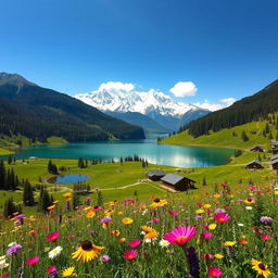 A breathtaking landscape showcasing the natural beauty of Kashmir, featuring lush green valleys, majestic snow-capped Himalayan mountains, and clear blue skies