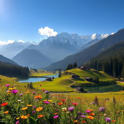 A breathtaking landscape showcasing the natural beauty of Kashmir, featuring lush green valleys, majestic snow-capped Himalayan mountains, and clear blue skies