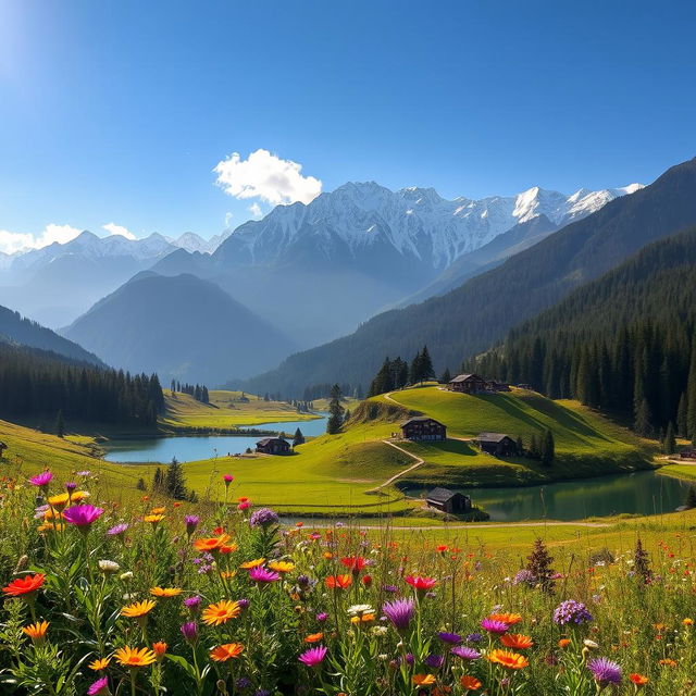 A breathtaking landscape showcasing the natural beauty of Kashmir, featuring lush green valleys, majestic snow-capped Himalayan mountains, and clear blue skies