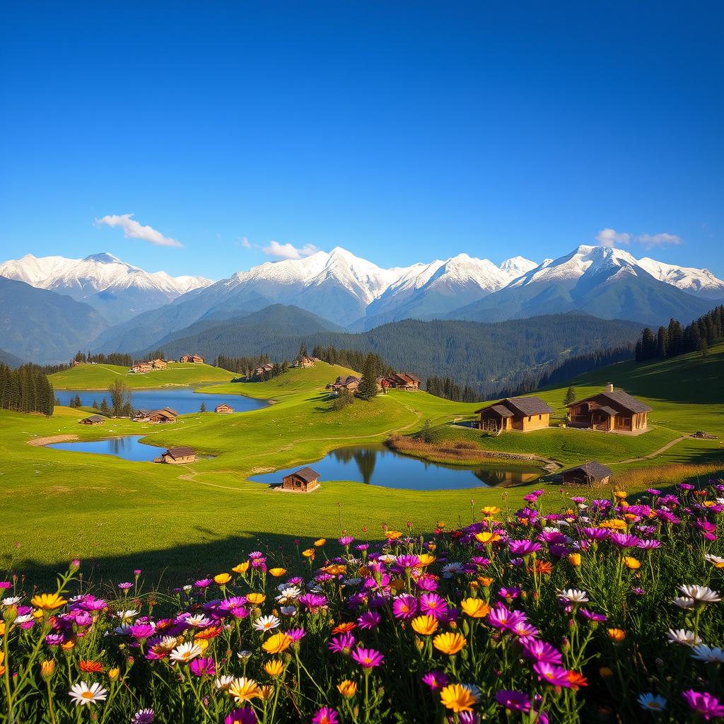 A breathtaking landscape showcasing the natural beauty of Kashmir, featuring lush green valleys, majestic snow-capped Himalayan mountains, and clear blue skies