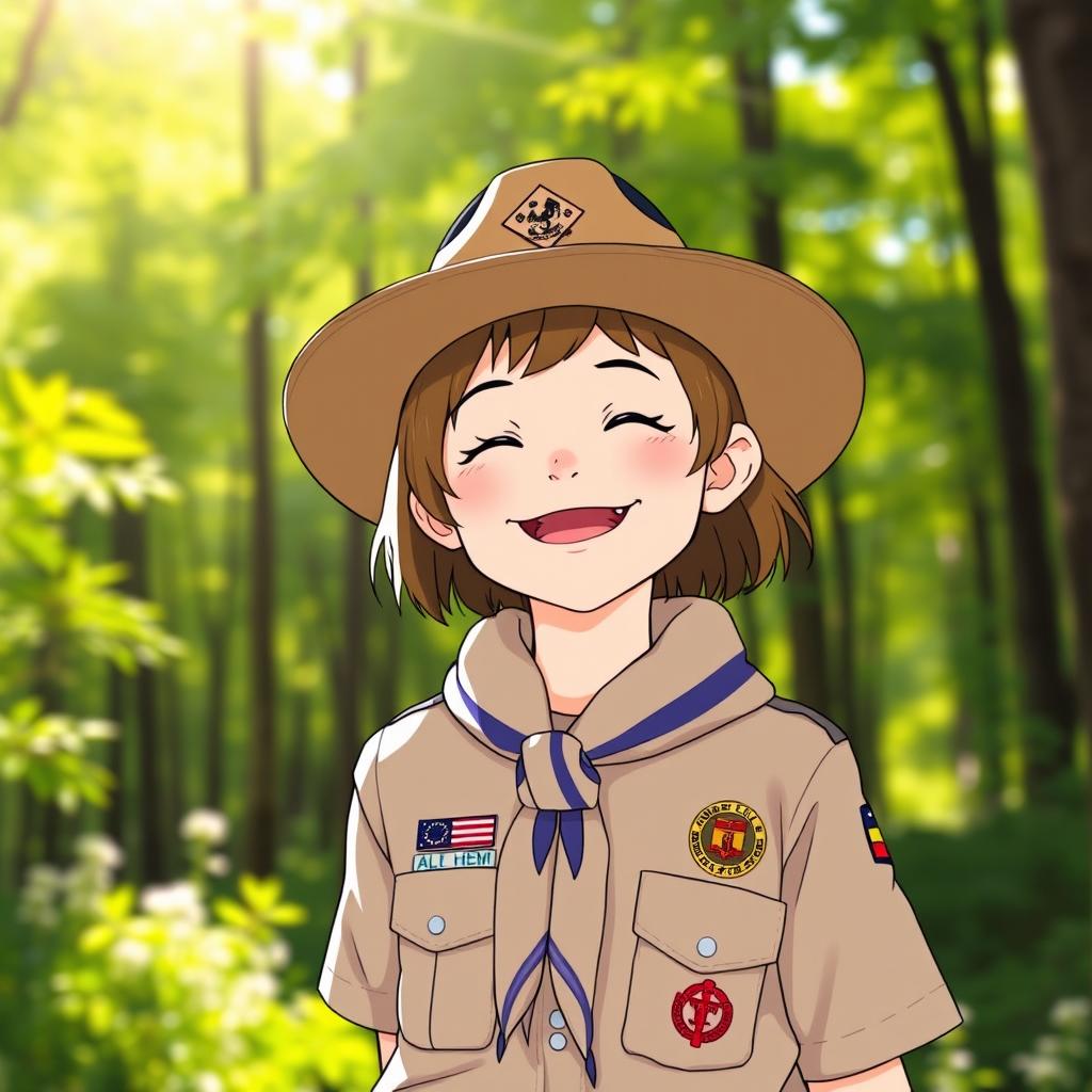A girl wearing a scout hat and a scarf, standing in a joyful pose