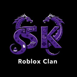 An eye-catching logo design featuring the letters "SK" in a bold and engaging font, colored in dark purple to represent a Roblox clan