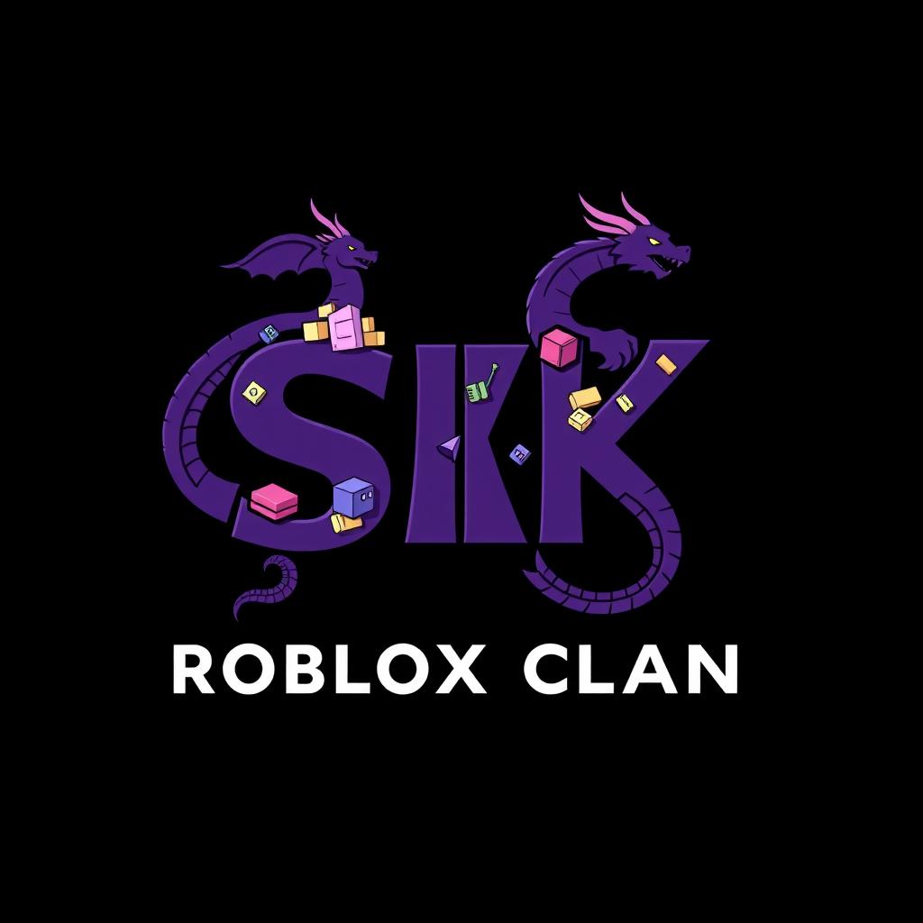 An eye-catching logo design featuring the letters "SK" in a bold and engaging font, colored in dark purple to represent a Roblox clan