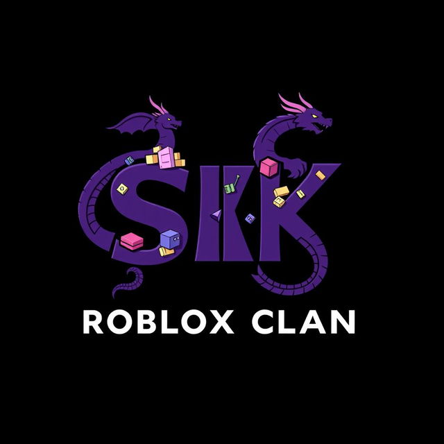 An eye-catching logo design featuring the letters "SK" in a bold and engaging font, colored in dark purple to represent a Roblox clan