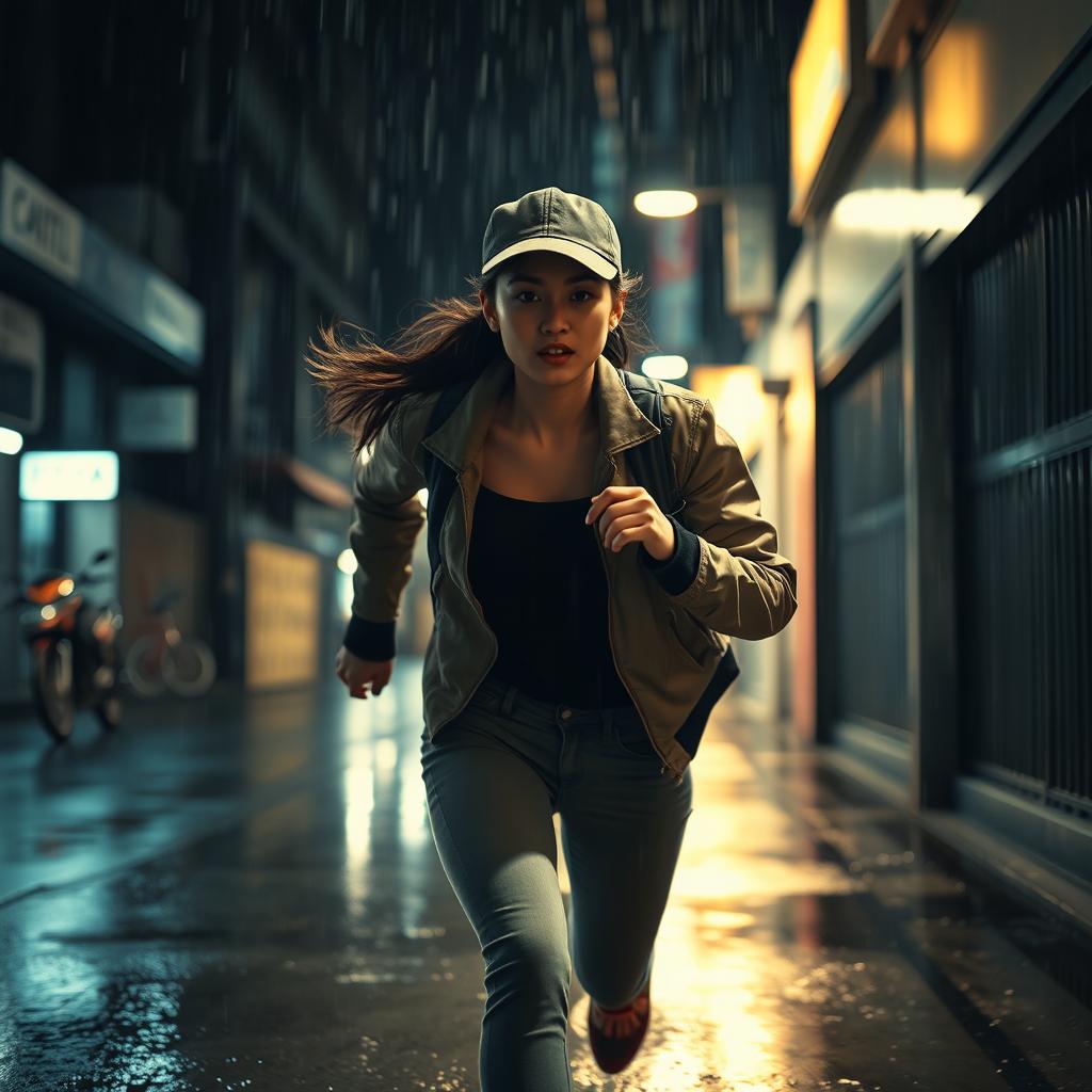 A beautiful Malaysian woman with a Malay face in her 20s, resembling actress Emma Maembong, has long hair tied back and is wearing a cap and a stylish jacket