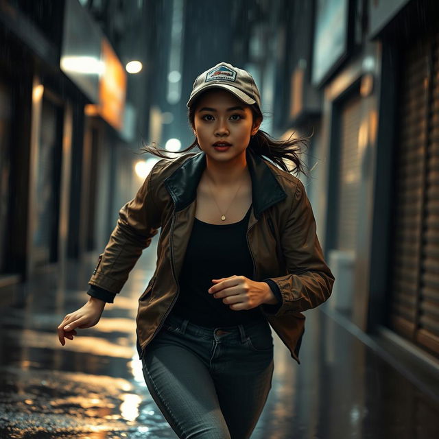 A beautiful Malaysian woman with a Malay face in her 20s, resembling actress Emma Maembong, has long hair tied back and is wearing a cap and a stylish jacket