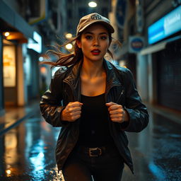 A beautiful Malaysian woman with a Malay face in her 20s, resembling actress Emma Maembong, has long hair tied back and is wearing a cap and a stylish jacket