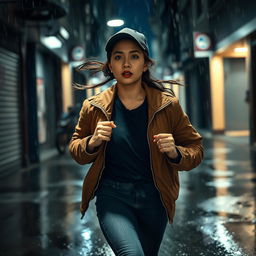 A beautiful Malaysian woman with a Malay face in her 20s, resembling actress Emma Maembong, has long hair tied back and is wearing a cap and a stylish jacket