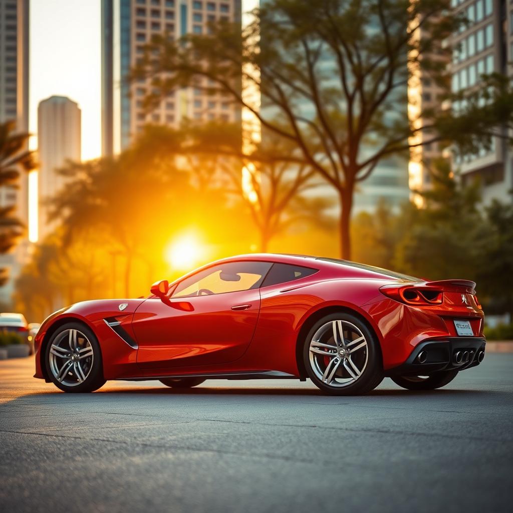 A sleek, modern sports car with a shiny red exterior parked in a picturesque urban environment