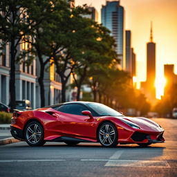 A sleek, modern sports car with a shiny red exterior parked in a picturesque urban environment
