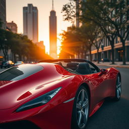 A sleek, modern sports car with a shiny red exterior parked in a picturesque urban environment