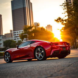 A sleek, modern sports car with a shiny red exterior parked in a picturesque urban environment