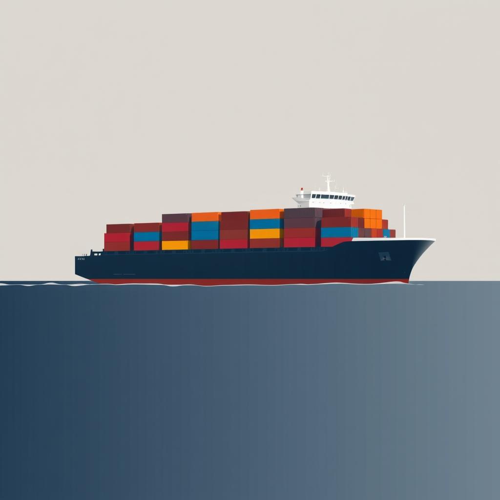 A minimal art representation of a container shipping scene, featuring sleek lines and geometric shapes