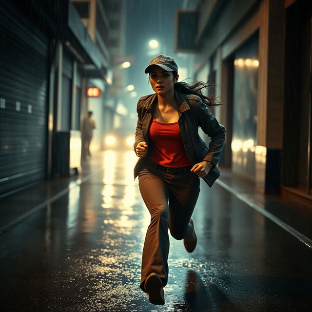 A beautiful Malaysian woman with a Malay face in her 30s, featuring long hair tied back, wears a cap, a stylish jacket, and long pants