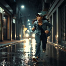 A beautiful Malaysian woman with a Malay face in her 30s, featuring long hair tied back, wears a cap, a stylish jacket, and long pants