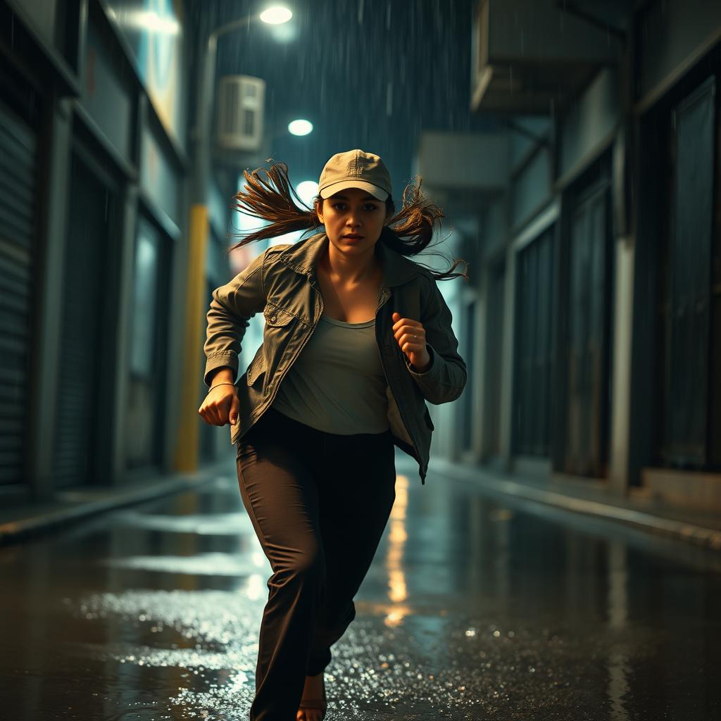 A beautiful Malaysian woman with a Malay face in her 30s, featuring long hair tied back, wears a cap, a stylish jacket, and long pants