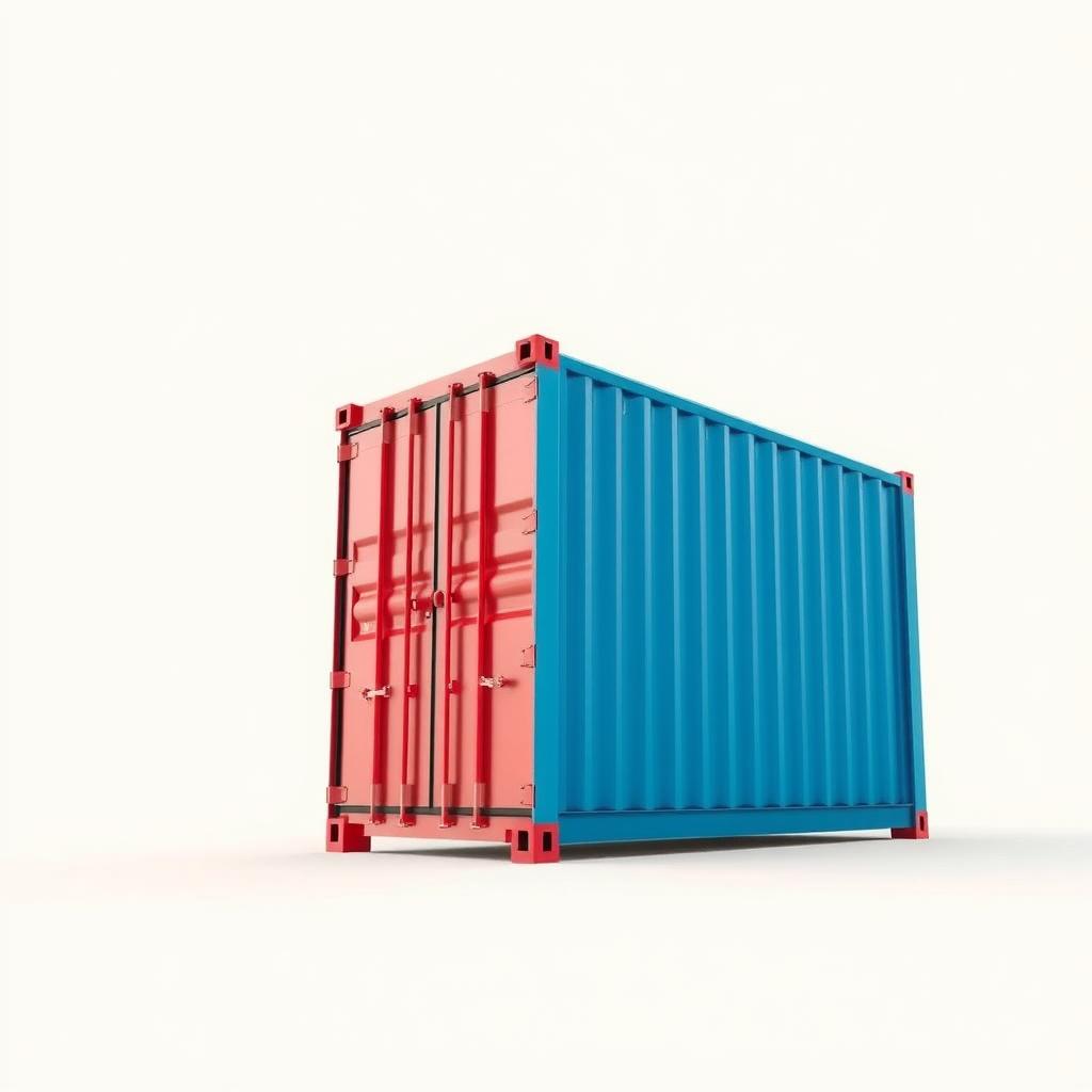 A minimalist art composition featuring a single large shipping container, painted in a bold color like red or blue, set against a stark white background