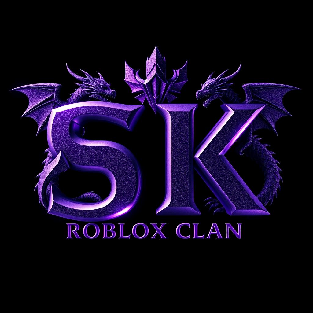 A visually stunning logo for a Roblox clan featuring the letters 'SK' in a dark purple color, shimmered and reflective to evoke a sense of adventure and gaming
