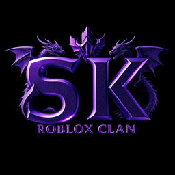 A visually stunning logo for a Roblox clan featuring the letters 'SK' in a dark purple color, shimmered and reflective to evoke a sense of adventure and gaming