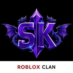 A visually stunning logo for a Roblox clan featuring the letters 'SK' in a dark purple color, shimmered and reflective to evoke a sense of adventure and gaming