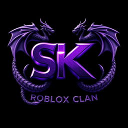 A visually stunning logo for a Roblox clan featuring the letters 'SK' in a dark purple color, shimmered and reflective to evoke a sense of adventure and gaming