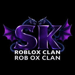 A visually stunning logo for a Roblox clan featuring the letters 'SK' in a dark purple color, shimmered and reflective to evoke a sense of adventure and gaming