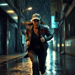 A beautiful Malaysian woman with a Malay face in her 30s, featuring long hair tied back, is wearing a cap, a stylish jacket, and long pants