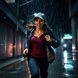 A beautiful Malaysian woman with a Malay face in her 30s, featuring long hair tied back, is wearing a cap, a stylish jacket, and long pants
