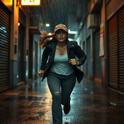 A beautiful Malaysian woman with a Malay face in her 30s, featuring long hair tied back, is wearing a cap, a stylish jacket, and long pants