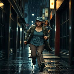 A beautiful Malaysian woman with a Malay face in her 30s, featuring long hair tied back, is wearing a cap, a stylish jacket, and long pants