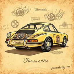 A vintage Porsche 911 classic car illustrated in a Da Vinci style, showcasing intricate mechanical details and artistic elements reminiscent of Leonardo Da Vinci's sketches