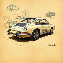 A vintage Porsche 911 classic car illustrated in a Da Vinci style, showcasing intricate mechanical details and artistic elements reminiscent of Leonardo Da Vinci's sketches