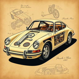 A vintage Porsche 911 classic car illustrated in a Da Vinci style, showcasing intricate mechanical details and artistic elements reminiscent of Leonardo Da Vinci's sketches