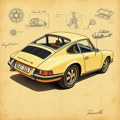 A vintage Porsche 911 classic car illustrated in a Da Vinci style, showcasing intricate mechanical details and artistic elements reminiscent of Leonardo Da Vinci's sketches