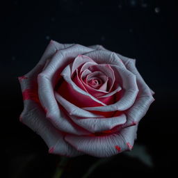A beautiful gray rose with red highlights, set against a dark night background