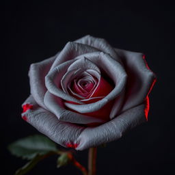 A beautiful gray rose with red highlights, set against a dark night background