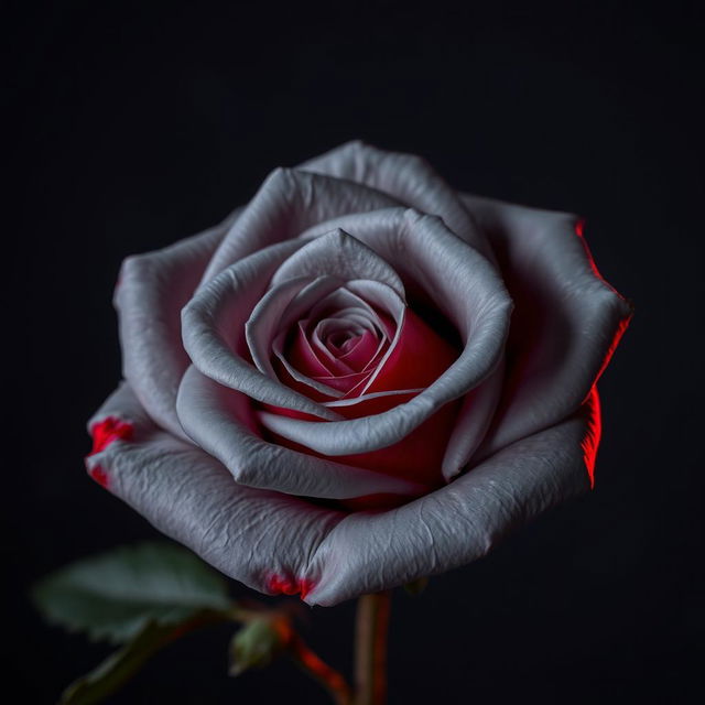 A beautiful gray rose with red highlights, set against a dark night background