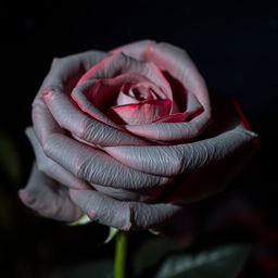 A beautiful gray rose with red highlights, set against a dark night background
