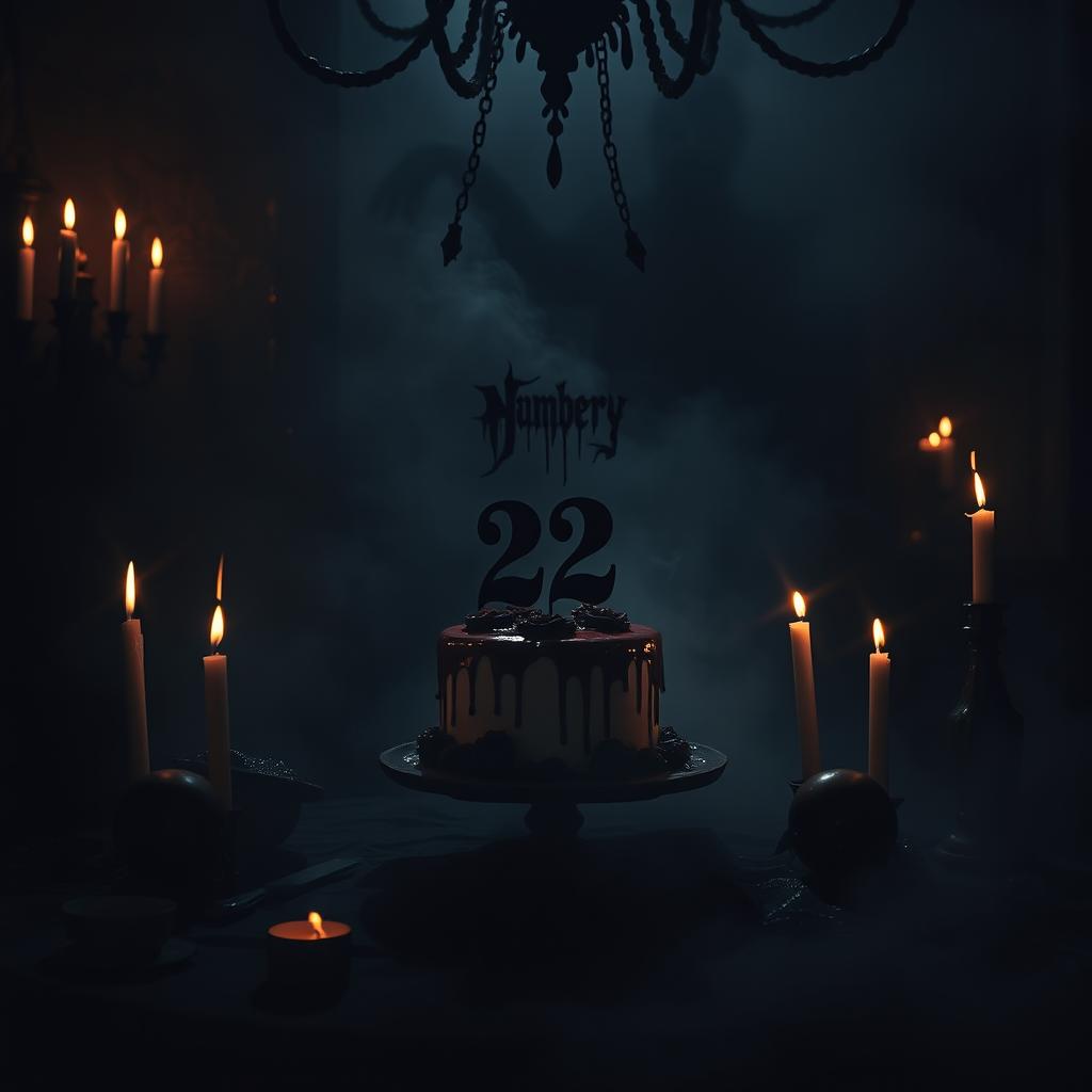 A dark and moody scene depicting a birthday celebration for the fictional character 'Number Twenty Two'