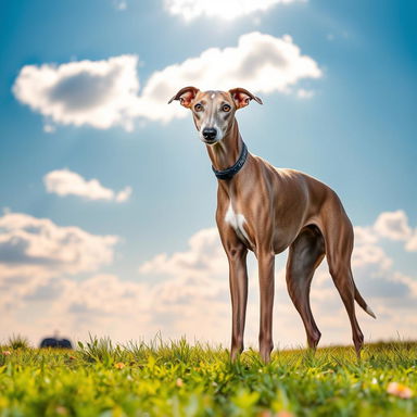 A majestic greyhound named Champ, standing proudly on a grassy field, with a sleek, athletic build and a shiny grey coat