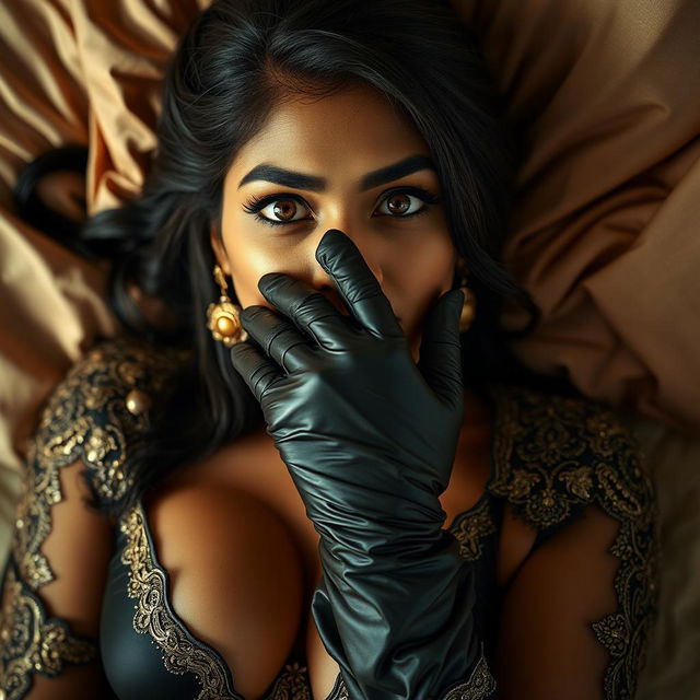 A sexy Indian woman in a stunning mistress outfit, featuring luxurious fabric and intricate details