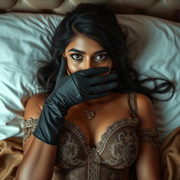 A sexy Indian woman in a stunning mistress outfit, featuring luxurious fabric and intricate details