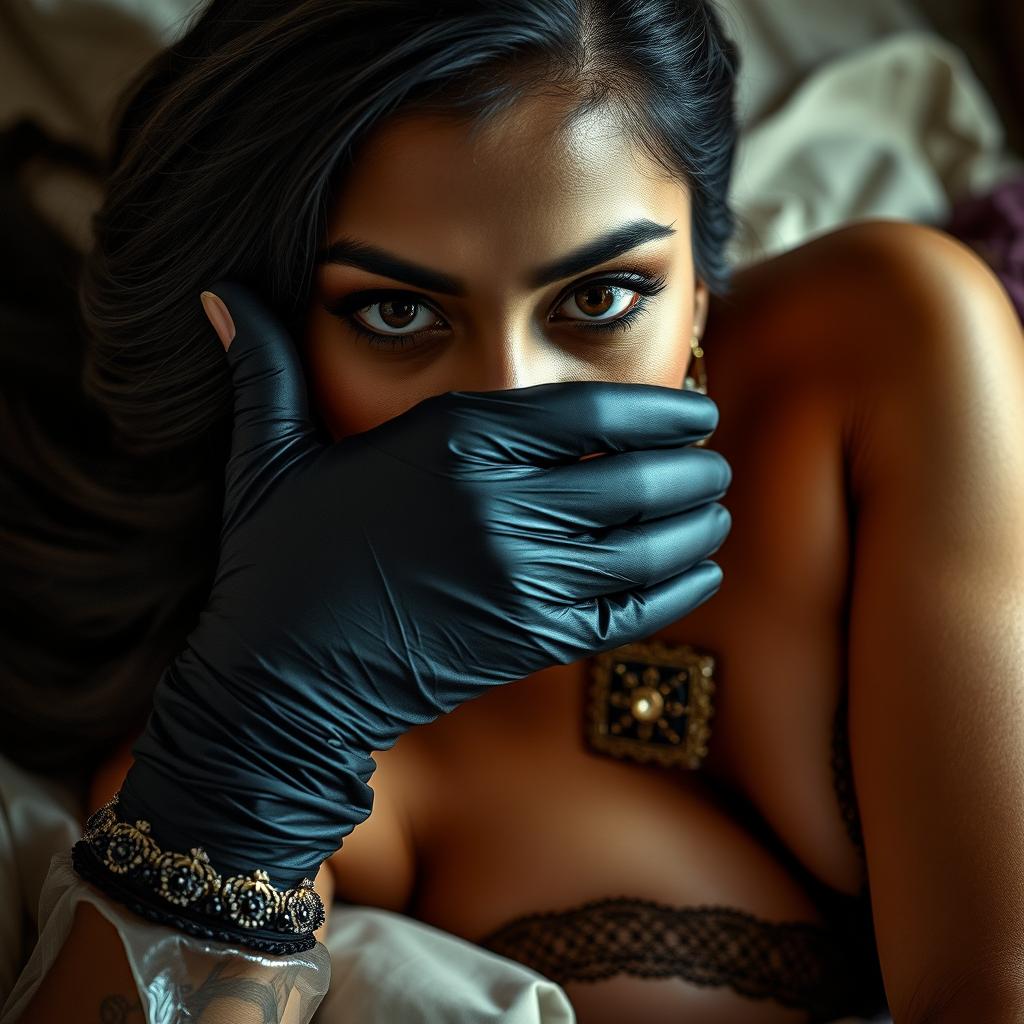 A sexy Indian woman in a stunning mistress outfit, featuring luxurious fabric and intricate details