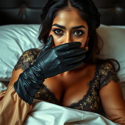 A sexy Indian woman in a stunning mistress outfit, featuring luxurious fabric and intricate details