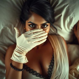 A sexy Indian woman is depicted in a stunning mistress outfit, showcasing a blend of elegance and allure