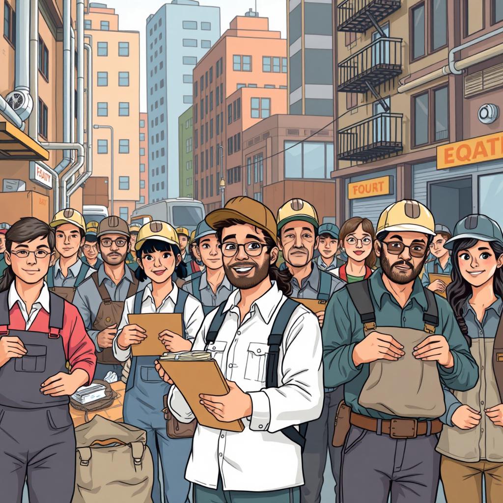 An urban setting depicting a group of hardworking individuals in various professions, such as factory workers, delivery drivers, and service staff