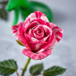 A close-up of a small, vibrant rose bud featuring a mix of deep pink and white swirling patterns on its petals