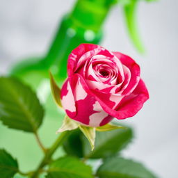 A close-up of a small, vibrant rose bud featuring a mix of deep pink and white swirling patterns on its petals